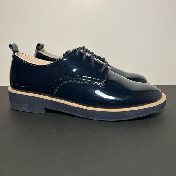 Womens ZARA Blucher Charol Navy Blue Patent Leather Lace Up Oxfords / Size 8 - Picture 1 of 9